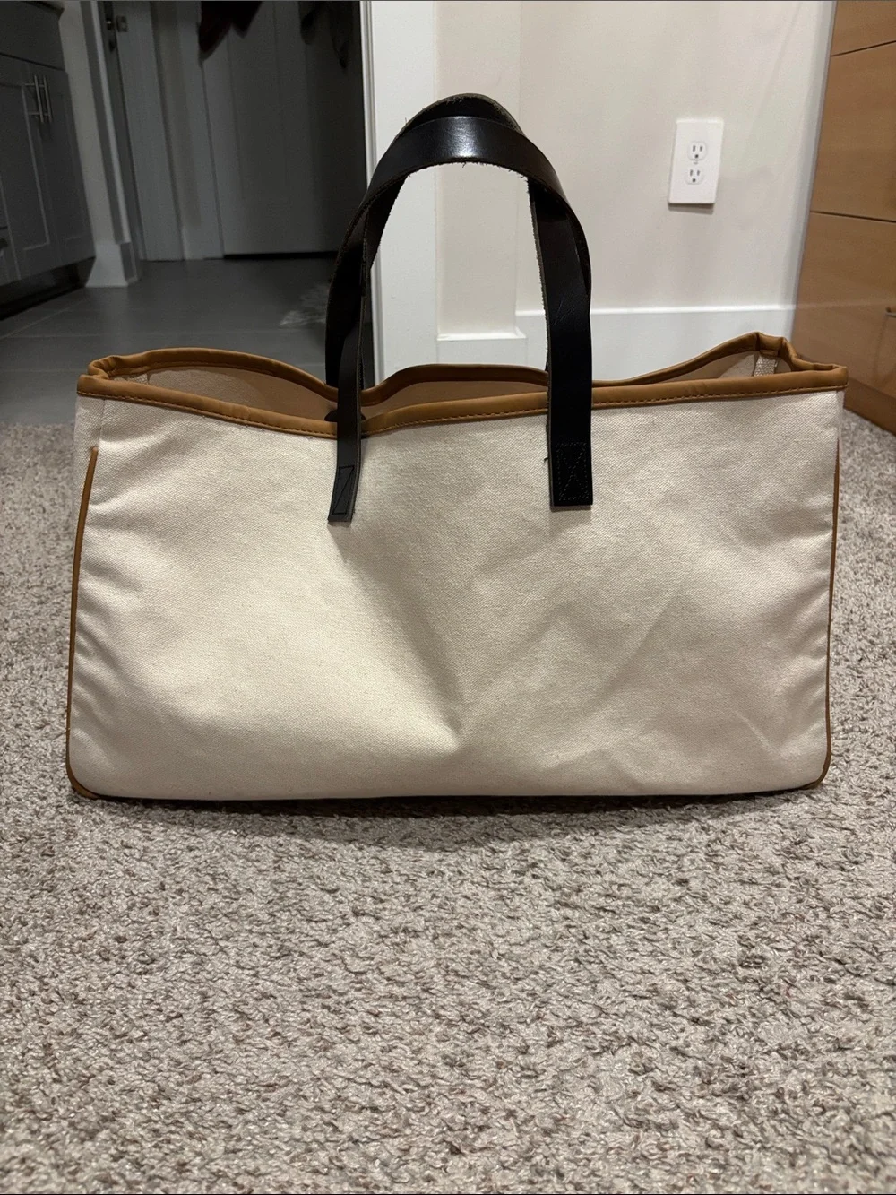 Canvas 'CIAO' Tote Bag in Cream with Black Handles and Tan Trim